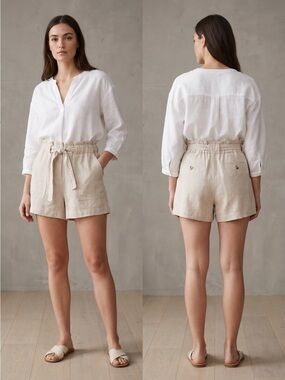 High-Waist Linen Shorts with Tie Belt - Beige